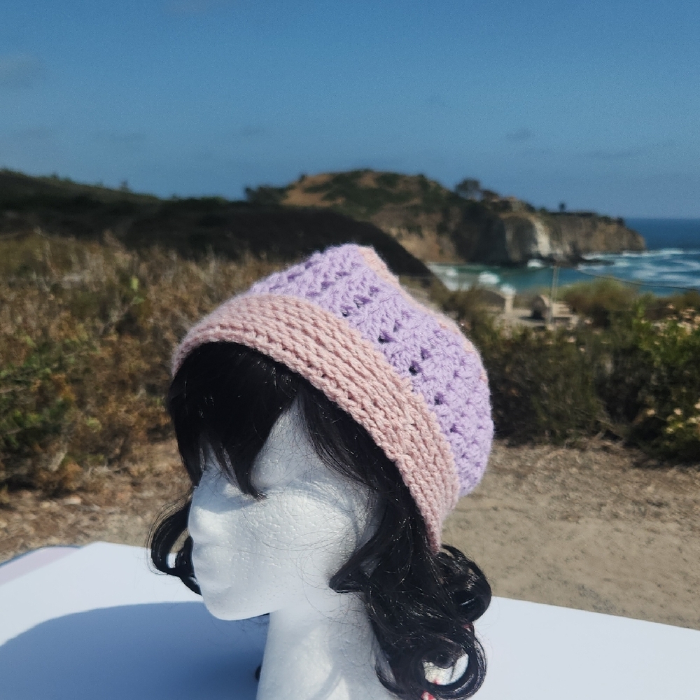 Handmade Crochet Beanie Hat in Heather Pink and Pale Plum